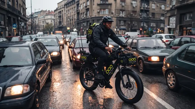 Member riding an OOO e-bike through city traffic